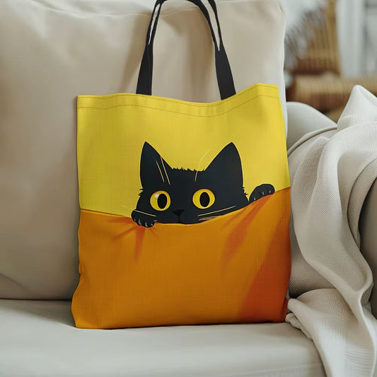 1Pc Chic Black Cat Design Polyester Tote Bag - Vibrant Yellow & Orange, Casual Shoulder Shopping Bag